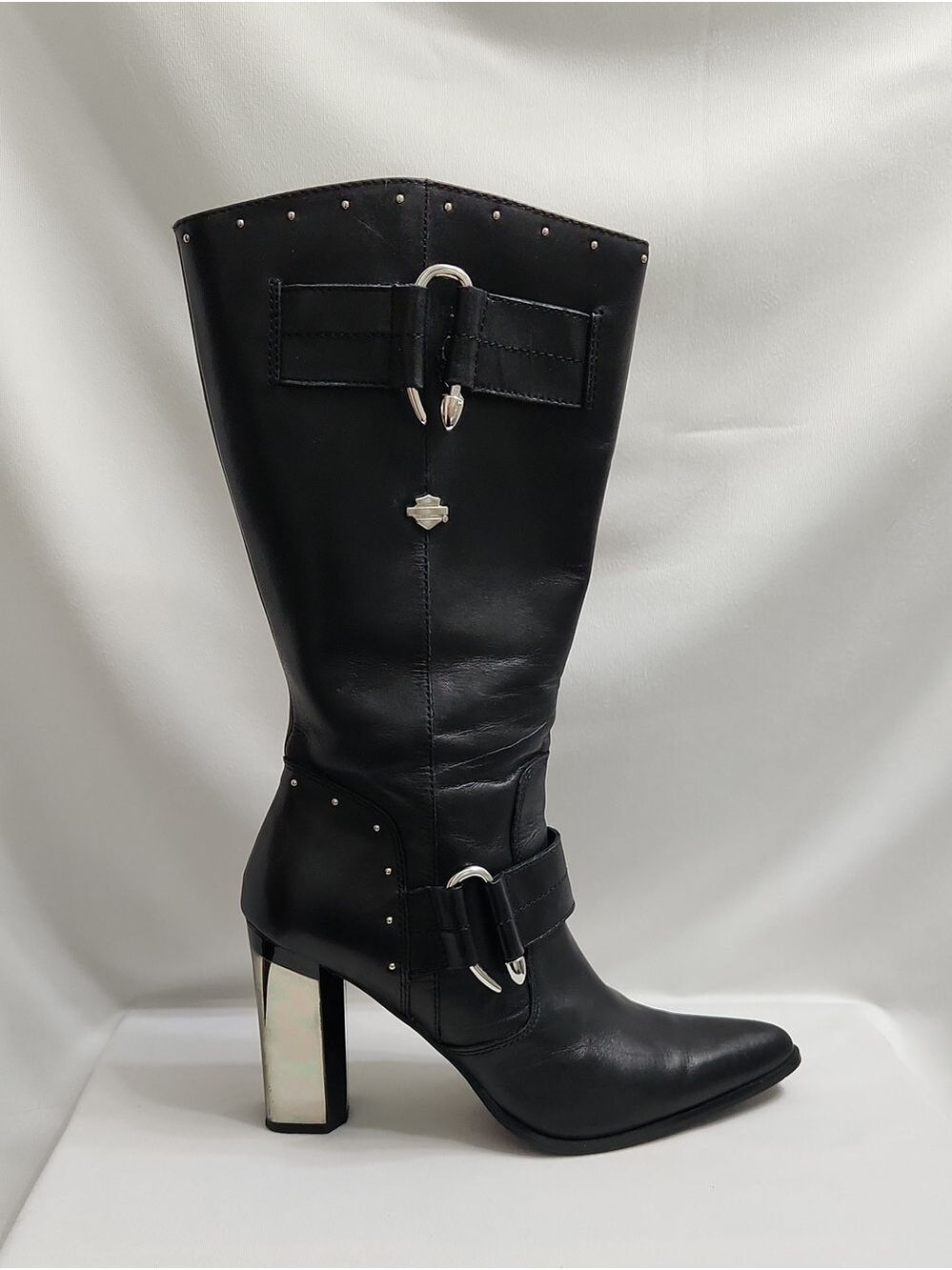 Harley-Davidson Black Leather Mid-Calf Buckle Heeled Moto Boots (Size 9.5)